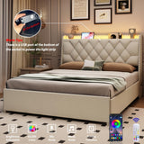 TIGUBFRE Full Size Bed Frame with 4 Drawers and Storage Headboard, Upholstered Tufted Wingback Bed Frame with LED Lights and Charging Station, No Box Spring Needed, Easy Assembly, Noise Free, Beige TIGUBFRE