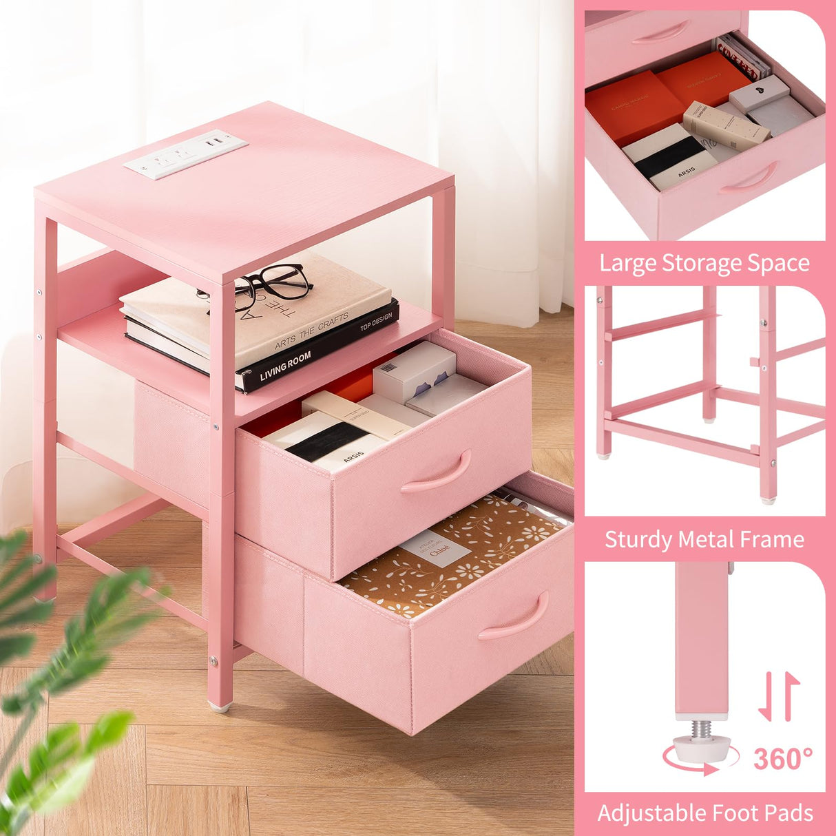 Yoobure Nightstand with Charging Station, LED Night Stand with Fabric Drawers and Storage Shelf for Bedroom, Nightstands Bedside Tables with USB Ports & Outlets, Small Night Stands, Bed Side Table Yoobure