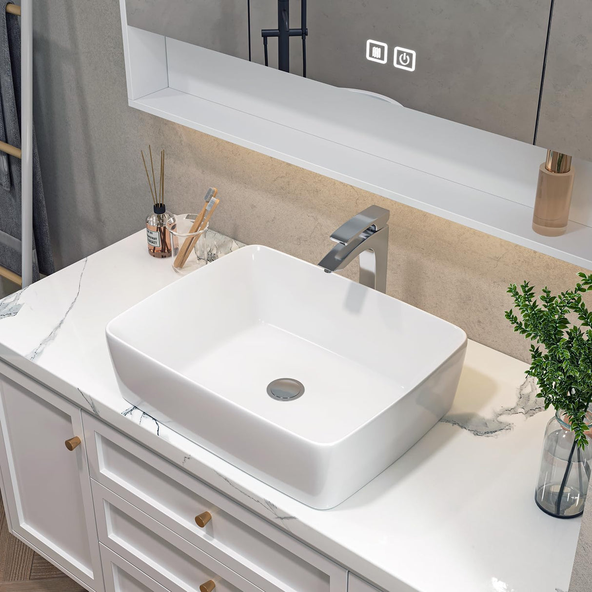 Sinber 19" x 15" x 5.31" White Rectangular Ceramic Countertop Bathroom Vanity Vessel Sink BVS1915A-OL Sinber