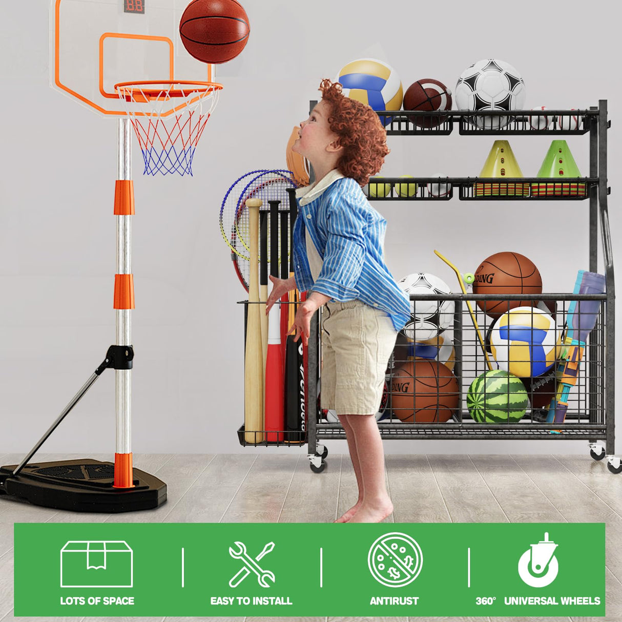 CaMecequter Garage Sports Equipment Organizer with 4 Baskets & 6 Hooks - Heavy Duty Freestanding Ball Storage for Basketball, Soccer & Outdoor Toys (Black) CaMecequter