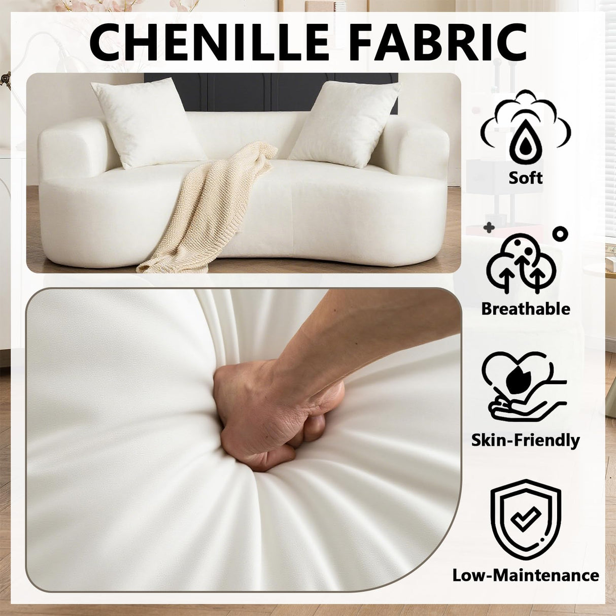 80“ Curved Loveseat for Small Spaces, White Curved Couches for Living room, Compression Sofa in a Box with 2 Pillows, Small Couch for Bedroom with Wide Armrest & Memory Foam, No Assembly Required Thctvous