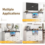 63" Farmhouse Dresser w/6 Drawers,60000-color Led Lights,Outlet, Large Chest of Drawers w/Sliding Barn Doors,Adjust Shelves,White Dresser TV Stand for 65/70in TV for Bedroom, Living Room chartustriable