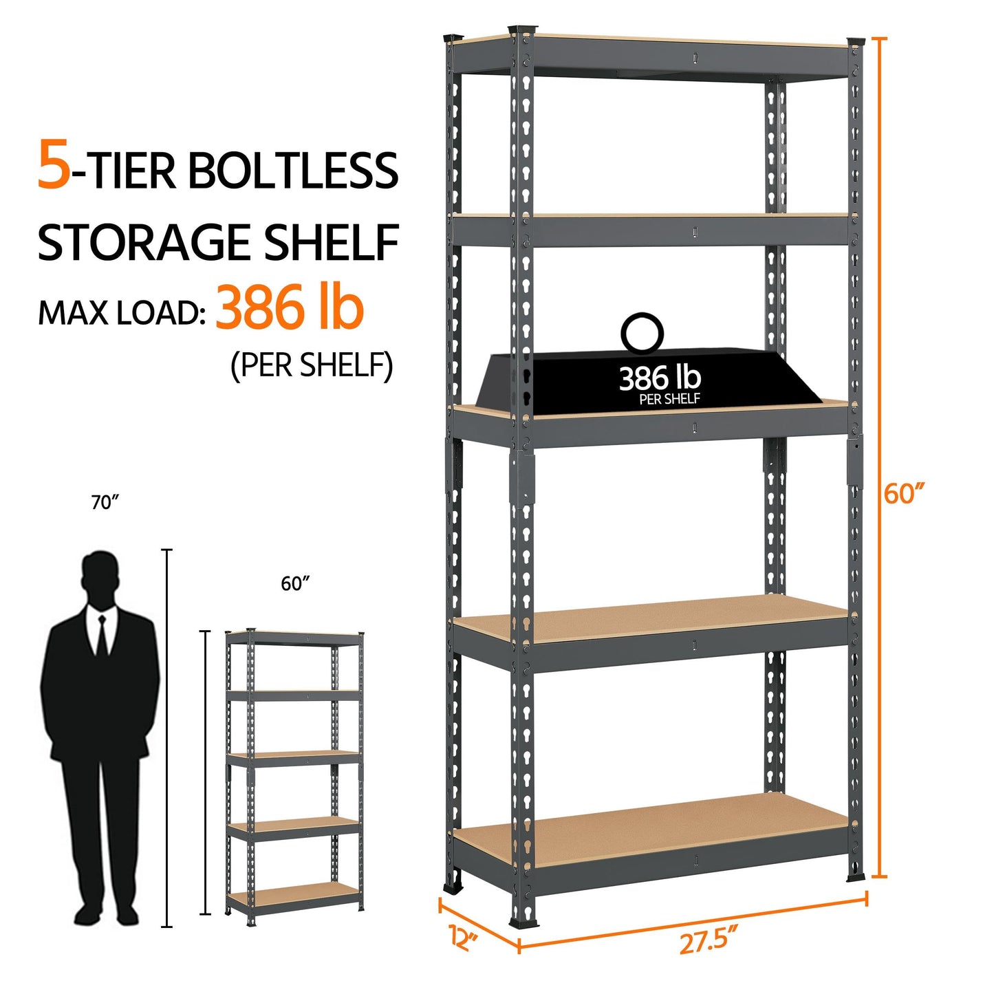 Topeakmart 2 PCS 5-Tier Utility Shelves, Metal Storage Shelves Garage Shelving Unit Adjustable Garage Storage Shelves Storage Racks Heavy Duty Shed Shelving - Dark Gray, 27.5 x 12 x 60 Inch