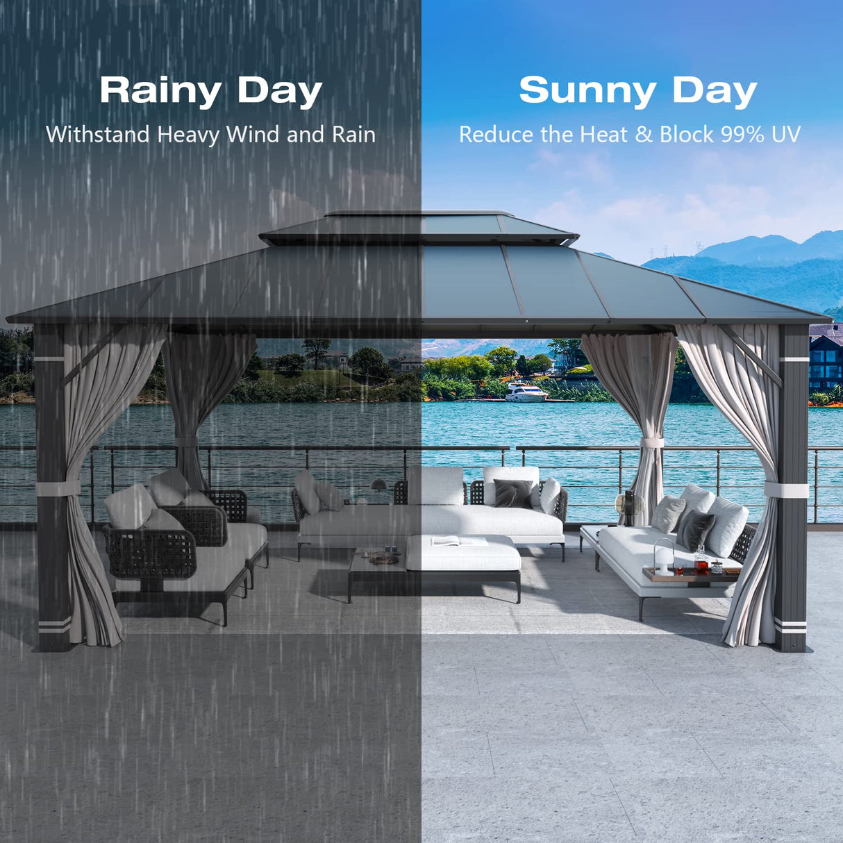 MELLCOM 12x16FT Hardtop Gazebo, Permanent Outdoor Aluminum Patio Gazebo with Aluminum Composite Double Roof for Patio Lawn and Garden, Curtains and Netting Included MELLCOM