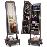 CHARMAID Rolling Jewelry Armoire with Full Length Mirror, Lockable Stand up Jewelry Cabinet with Lights and Wheels, Standing Jewelry Organizer with Drawers, Mirror with Jewelry Storage (Espresso) CHARMAID