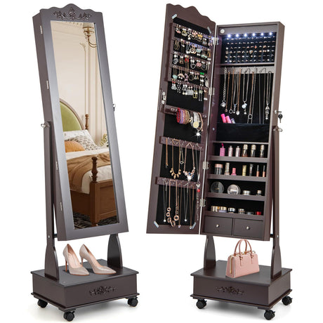 CHARMAID Rolling Jewelry Armoire with Full Length Mirror, Lockable Stand up Jewelry Cabinet with Lights and Wheels, Standing Jewelry Organizer with Drawers, Mirror with Jewelry Storage (Espresso) CHARMAID