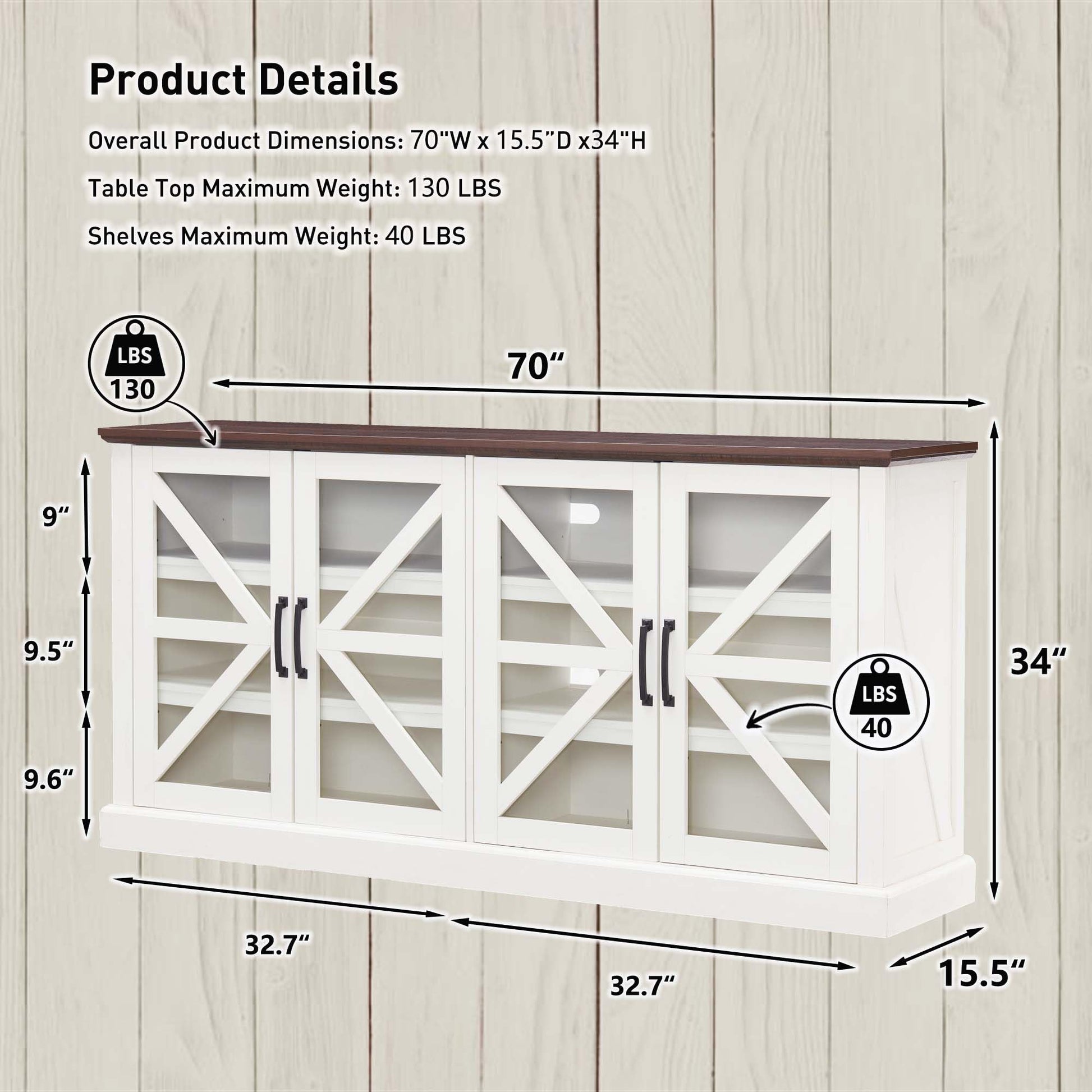 IFGET Modern Farmhouse TV Stand for 80 Inch TVs, 34" Tall Entertainment Center w/4 Glass Barn Door, Large Wood Storage Cabinet w/Shelves & Cable Management for Living Room, 70inch, White - WoodArtSupply