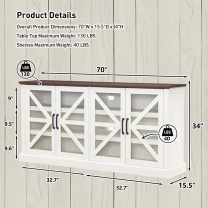 IFGET Modern Farmhouse TV Stand for 80 Inch TVs, 34" Tall Entertainment Center w/4 Glass Barn Door, Large Wood Storage Cabinet w/Shelves & Cable Management for Living Room, 70inch, White - WoodArtSupply