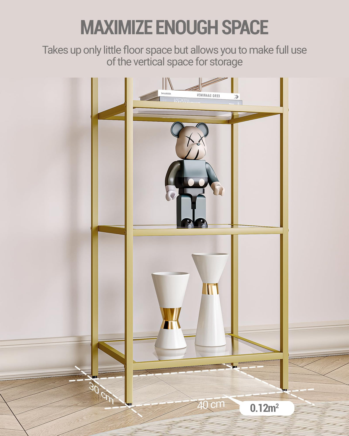 Hzuaneri Bookcase Bookshelf, Tempered Glass Bookshelves, Slim Shelving Unit for Bedroom, Bathroom, Home Office, Steel Frame, 5 Tier Gold BC05001G Hzuaneri