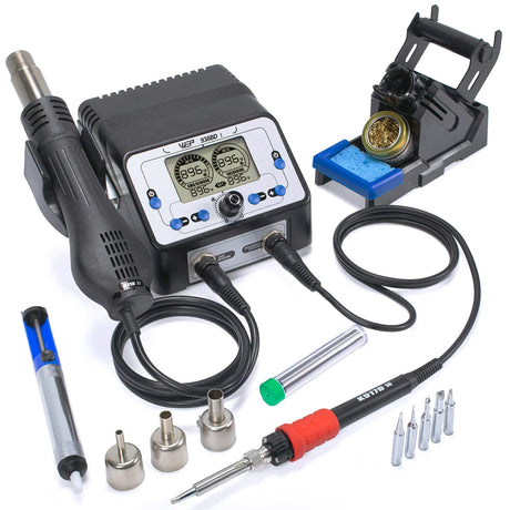 WEP 938BD-I Soldering Iron Station Hot Air Rework Station 2-IN-1 with LCD Display, PID Control, Hot Air Start/Stop, Sleep Mode, 3 Extra Nozzles, 5 Extra Soldering Tips, Solder Wire WEP
