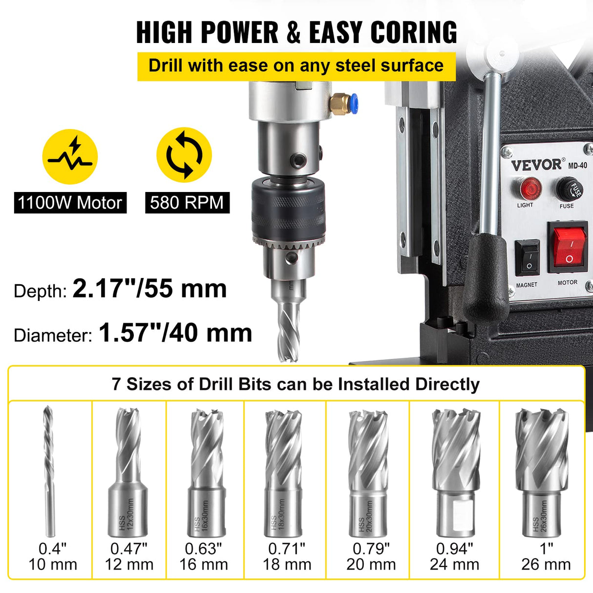 VEVOR Magnetic Drill, 1100W 1.57" Boring Diameter, 2697lbf/12000N Portable Electric Mag Drill Press with 7 Bits, 580 RPM Max Speed Drilling Machine for any Surface and Home Improvement VEVOR