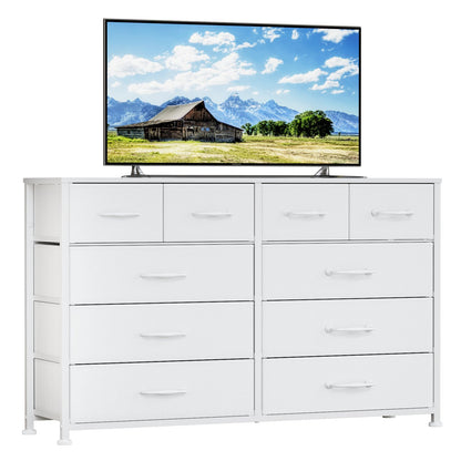 Furnulem Bedroom Dresser White 55”Long TV Stand Entertainment Center Dresser & Chests of Drawers,10 Storage Fabric Drawer Dressers,Sturdy Metal Frame Tall Bedroom Dresser for Living Room, Entryway