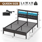 Seventable Bed Frame Queen Size with Charging Station, LED Bed with Upholstered Storage Headboard, Metal Platform Bed with Under Bed Storage, No Box Spring Needed, Noise Free, Easy Assembly, Black Seventable