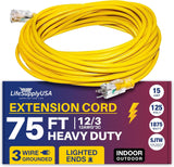 75ft Power Outdoor Extension Cord & Indoor - Waterproof Electric Drop Cord Cable - 3 Prong SJTW, 12 Gauge, 15 AMP, 125 Volts, 1875 Watts, 12/3 by LifeSupplyUSA - Yellow (1 Pack) LifeSupplyUSA