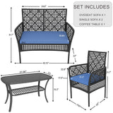 HLNPTN 4 Pieces Outdoor Patio Furniture Set, PE Rattan Chairs Wicker Furniture with Coffee Glass Table and Soft Cushions, Outdoor Seating Conversation Set for Lawn, Porch, Garden (Blue) HLNPTN