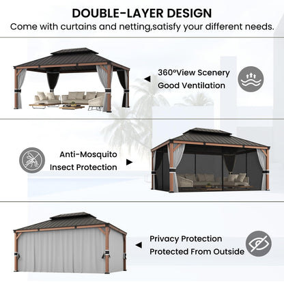 Amopatio 12' X 16' Wood Gazebo, Hardtop Gazebos with Galvanized Steel Double Roof, Metal Outdoor Permanent Aluminum Gazebo for Patio Deck Backyard