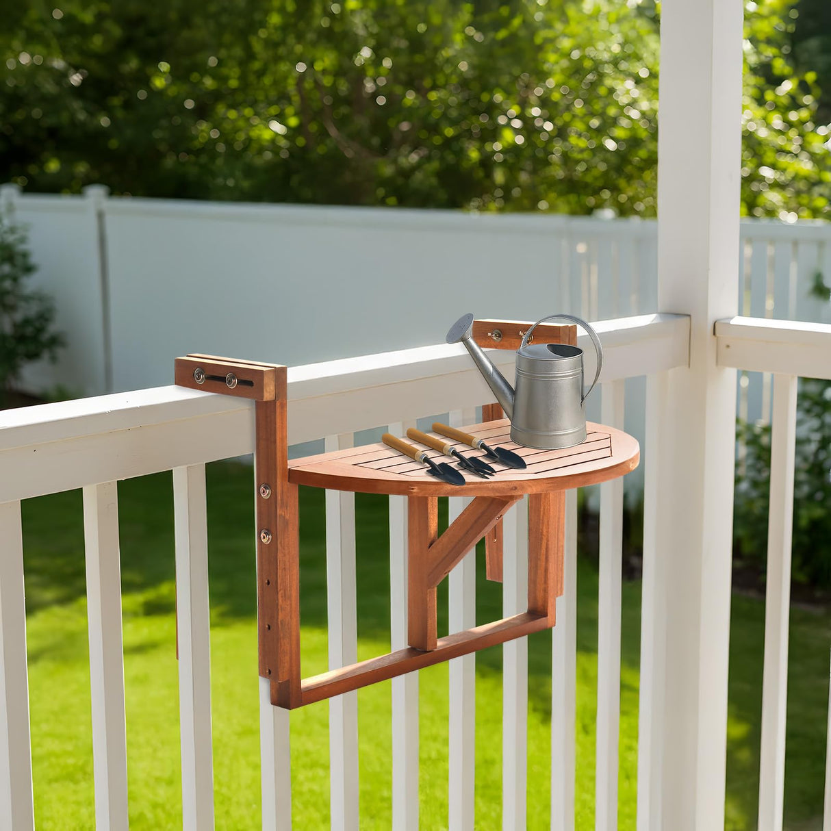 Outvita Balcony Table, Acacia Wood Folding Balcony Bar Table for Railings, 65LBS Load-Bearing Adjustable Height & Width Hanging Bar for Patio, Deck, Porch – Semicircular Outvita