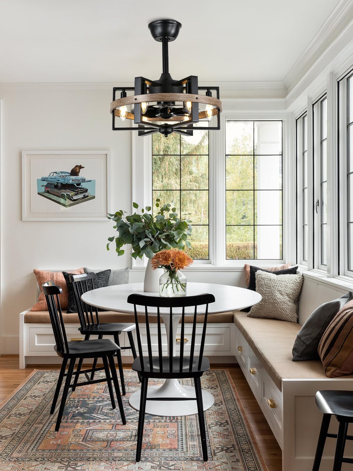 Curve Curio 18 Inch 6-Lights Farmhouse Caged Ceiling Fan with Light, Retro Industrial Enclosed Rustic Ceiling Fans with Remote Control for Bedroom Living Room Curve Curio