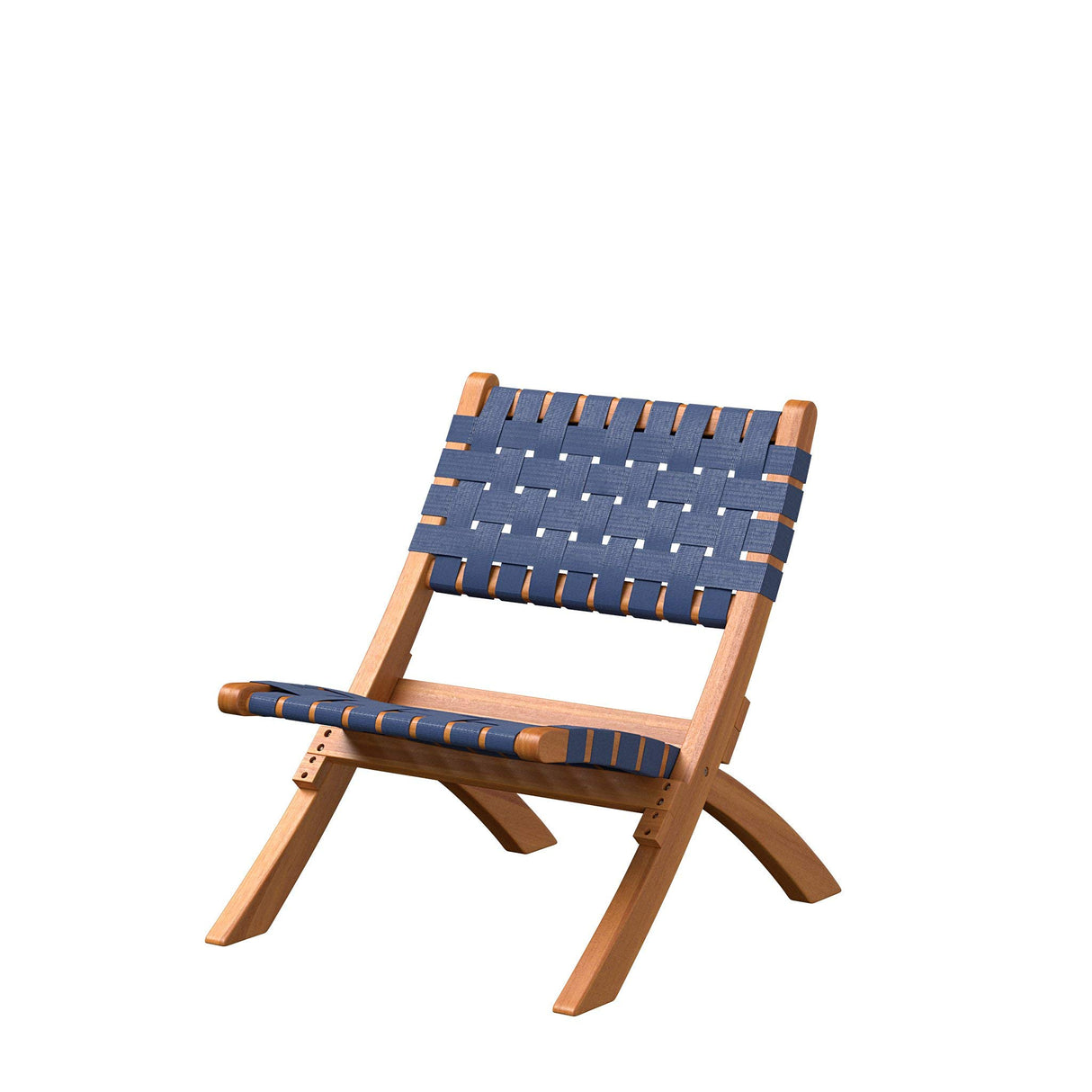Patio Sense 63636 Sava Indoor Outdoor Folding Chair All Weather Wicker Low Slung Portable Seating Solid Acacia Wood Woven Seat Back Seat Indoors Porch Lawn Garden Fishing Sporting - Navy Blue Webbing Patio Sense