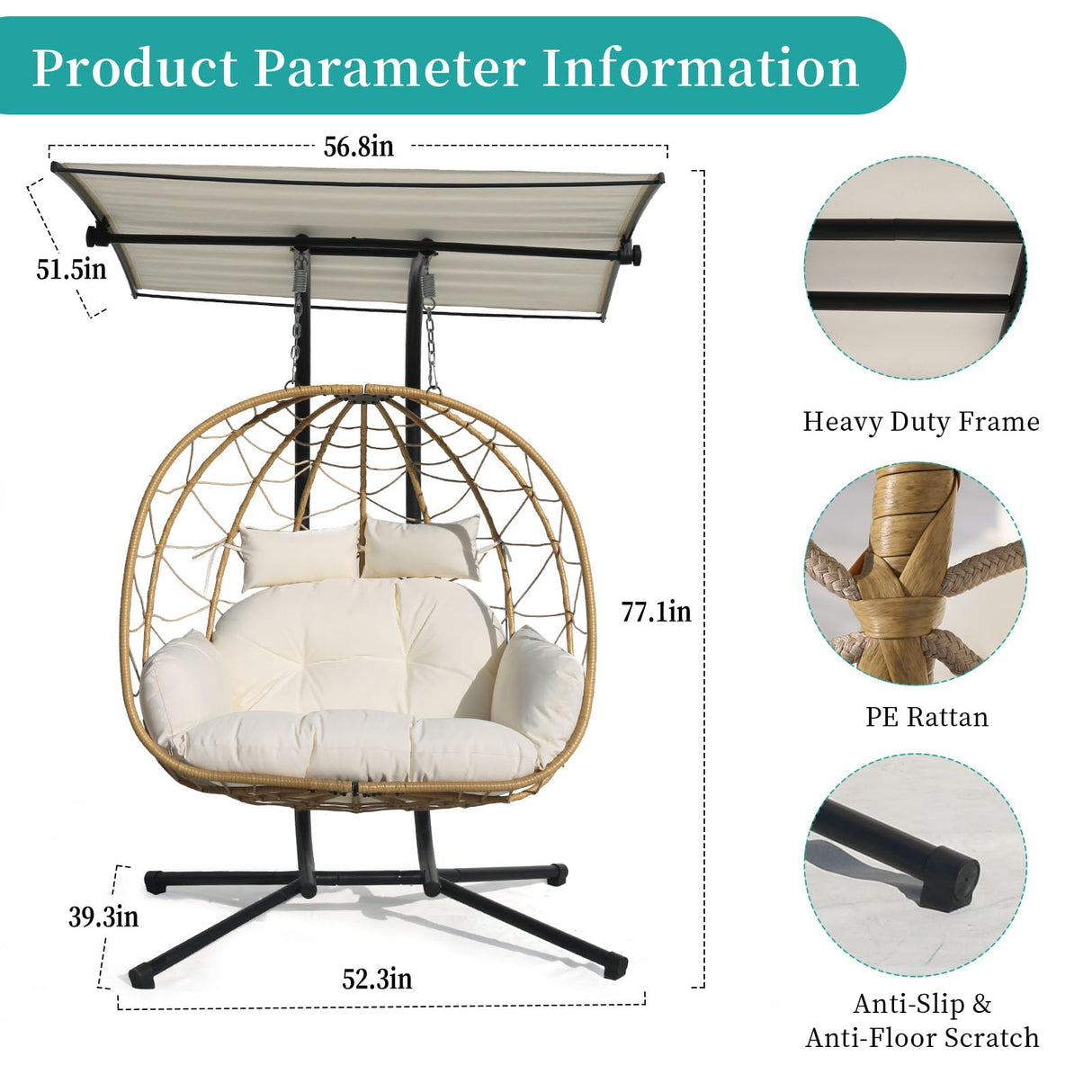 Double Egg Chair wth Stand Hammock Swing Chair Foldable Hanging Loveseat, Outdoor Hammock Egg Chair for Patio, Bedroom, Garden and Balcony (Milky White) VIXLON