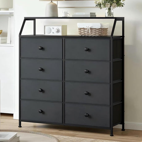 REAHOME Dresser for Bedroom with 8 Drawers, Black Tall Chest of Drawers with Shelf, 2Pcs Wooden Top, Large Storage Tower Organizer Unit for Closet, Living Room, Entryway REAHOME