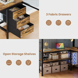 BTHFST Full Size Loft Bed with L-Shaped Desk and 3 Storage Drawers, LED Lights & Charging Station, Open Storage Shlef, Metal Loft Bed Frame with Solid Slats and Guardrail, Space Saving, Black BTHFST