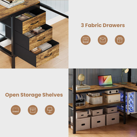 BTHFST Full Size Loft Bed with L-Shaped Desk and 3 Storage Drawers, LED Lights & Charging Station, Open Storage Shlef, Metal Loft Bed Frame with Solid Slats and Guardrail, Space Saving, Black BTHFST