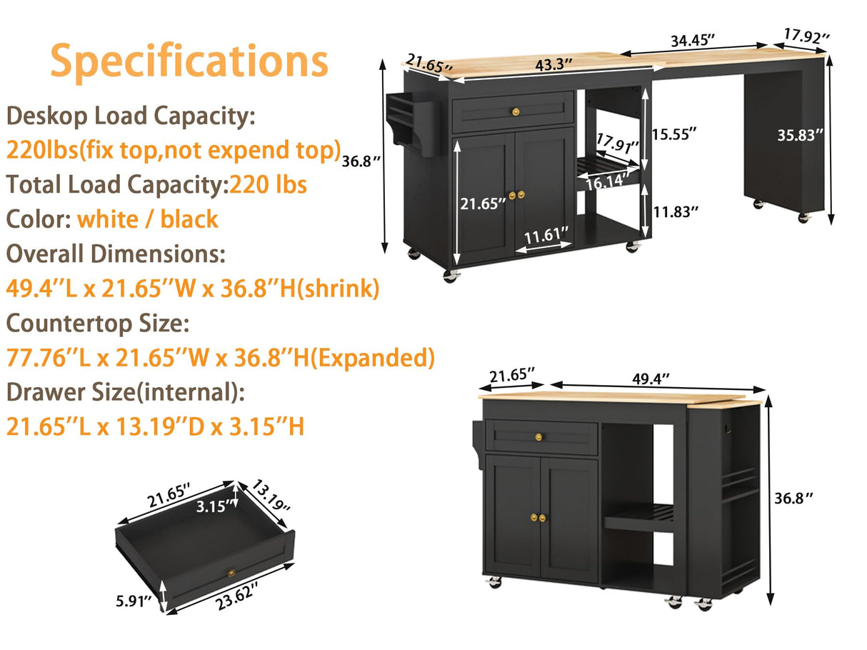 JassmiPkwy 77.8'' Rolling Kitchen Island with Extendable Dining Table for 2-4, 2 in 1 Kitchen Islands Cart on Wheels, Storage Cabinet with Drawer, 2-Tier Storage Shelf, Black JassmiPkwy