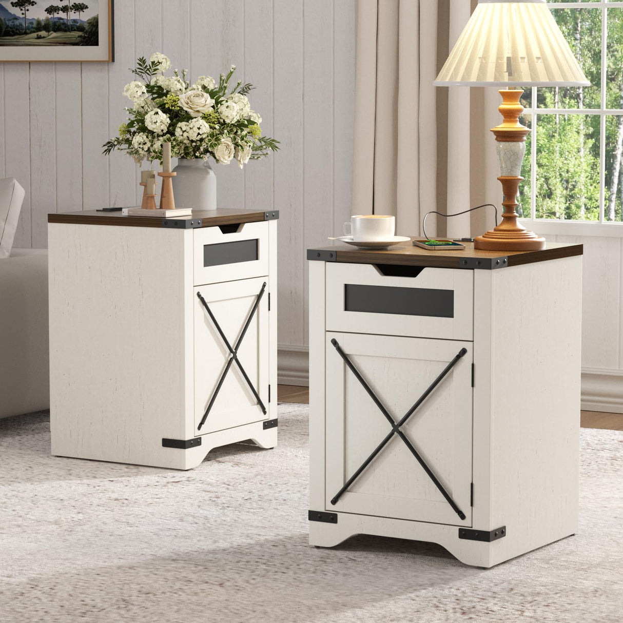 Farmhouse End Table with Charging Station, 26.4" H Side Table with Drawer and X Barn Door, Antique White Country Nightstand Bedside Table, Mid Century Modern Sofa Side Table for Living Room FiveWillowise