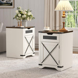 Farmhouse End Table with Charging Station, 26.4" H Side Table with Drawer and X Barn Door, Antique White Country Nightstand Bedside Table, Mid Century Modern Sofa Side Table for Living Room FiveWillowise