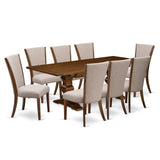 East West Furniture LAVE9-88-04 9 Piece Kitchen Table & Chairs Set Includes a Rectangle Dining Table with Removable Leaf and 8 Light Tan Linen Fabric Parson Chairs, 42x92 Inch, Walnut East West Furniture