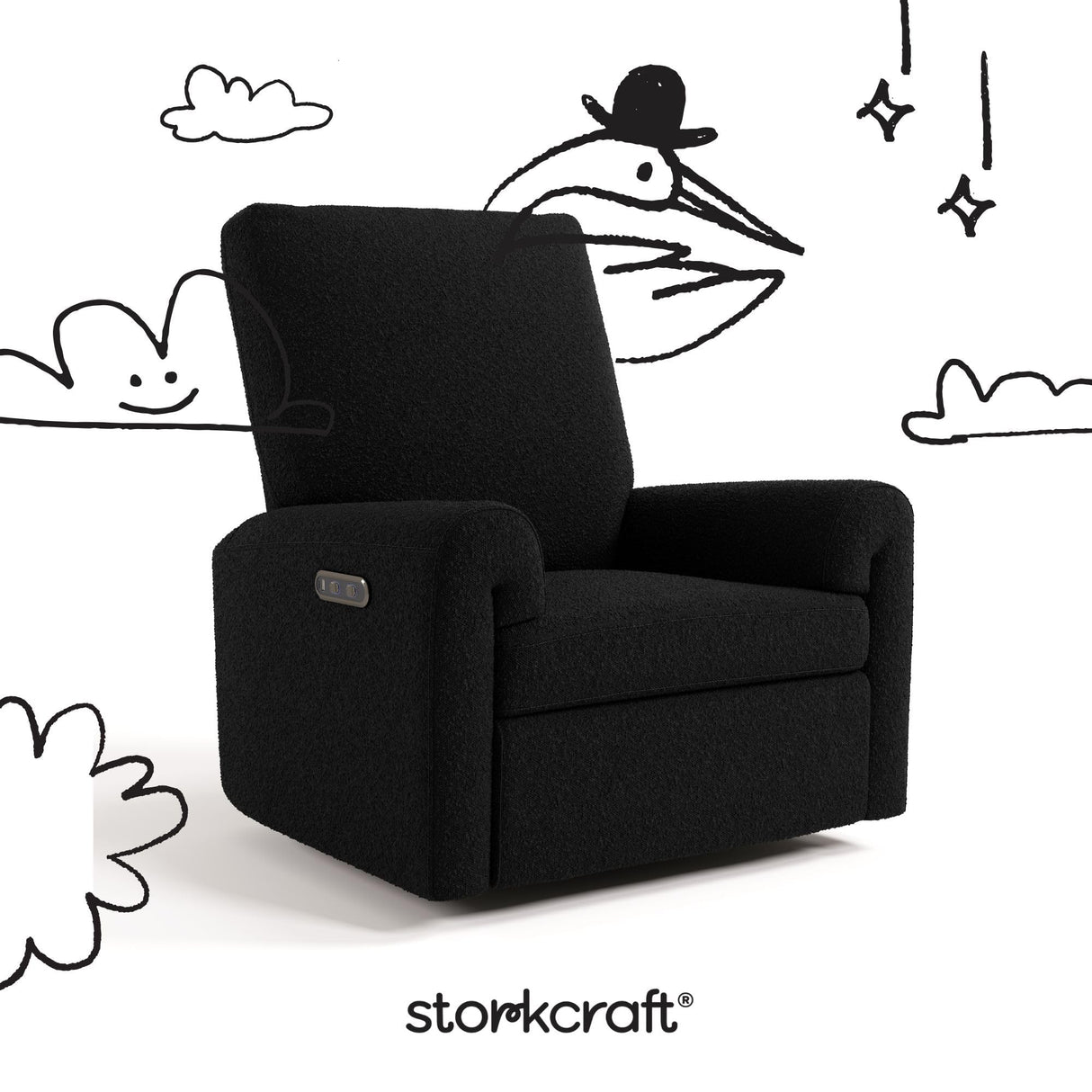 Storkcraft Sorrento Deluxe Power Recliner Swivel Glider (Black Boucle) – Premium Electronic Power Recliner for Nursery, Includes Dual-USB Charging Port with USB-A & USB-C, Nursery Glider Rocking Chair Storkcraft