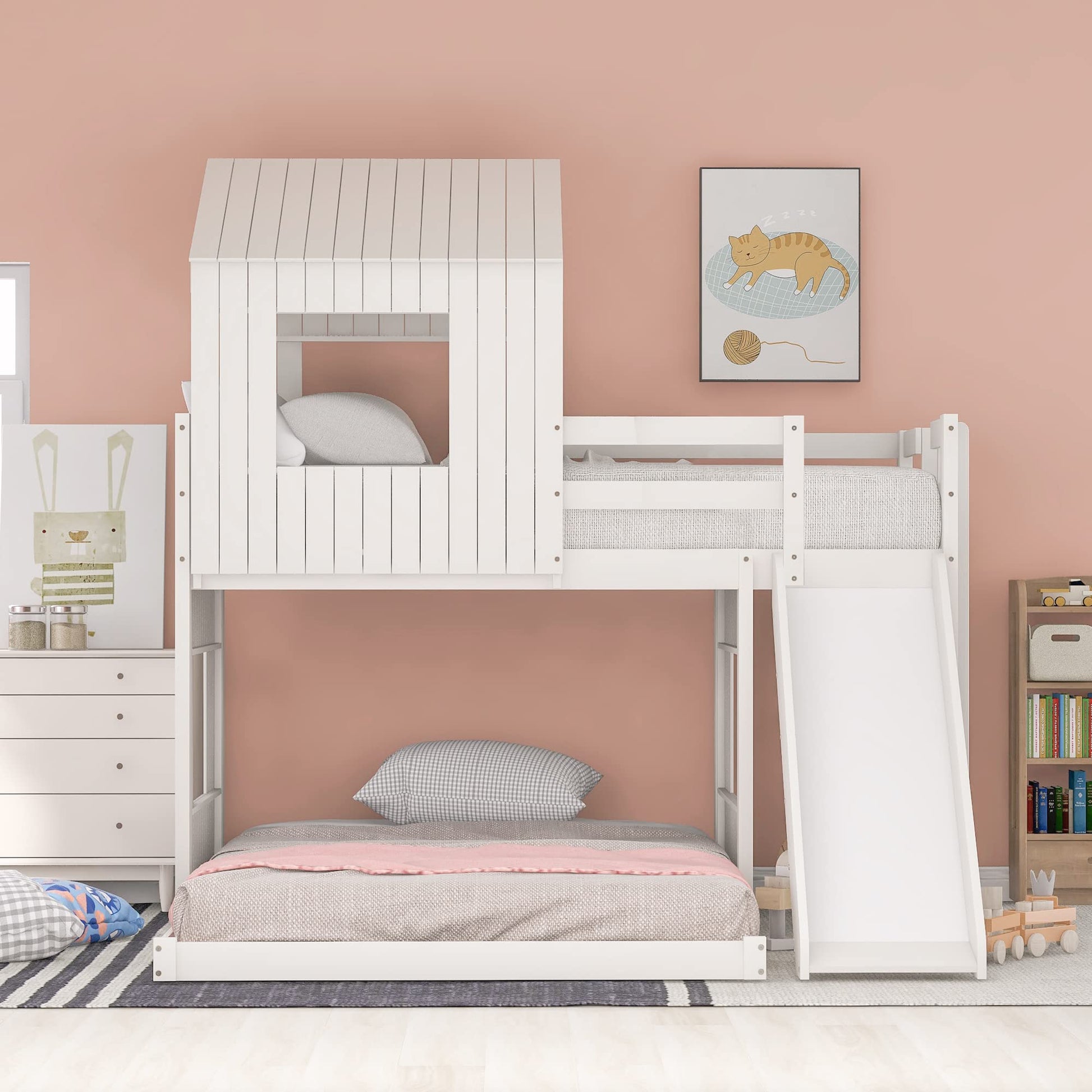 Harper & Bright Designs Twin Over Full Playhouse Bunk Bed with Slide and Roof in White - WoodArtSupply