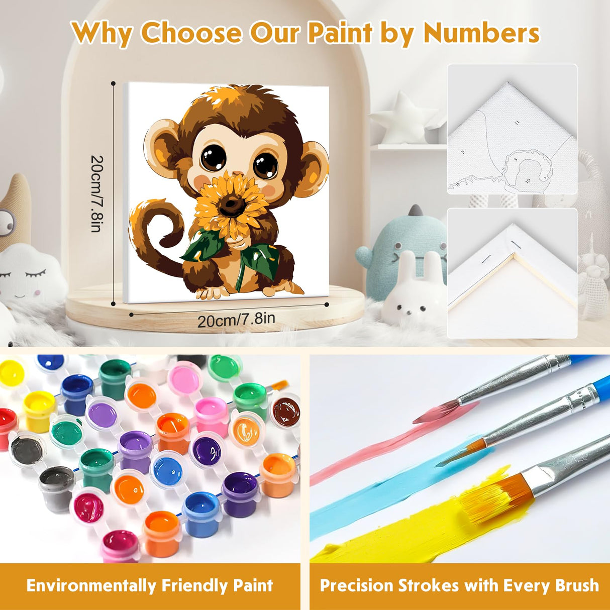 4 Pack Paint by Number for Kids with Wooden Frame, Cartoon Paint by Numbers for Kids Ages 8-12, Elephant, Monkey, Tiger, Panda, DIY Acrylic Oil Painting for Beginners for Home Wall Decor 8X8 inch NEWENMO