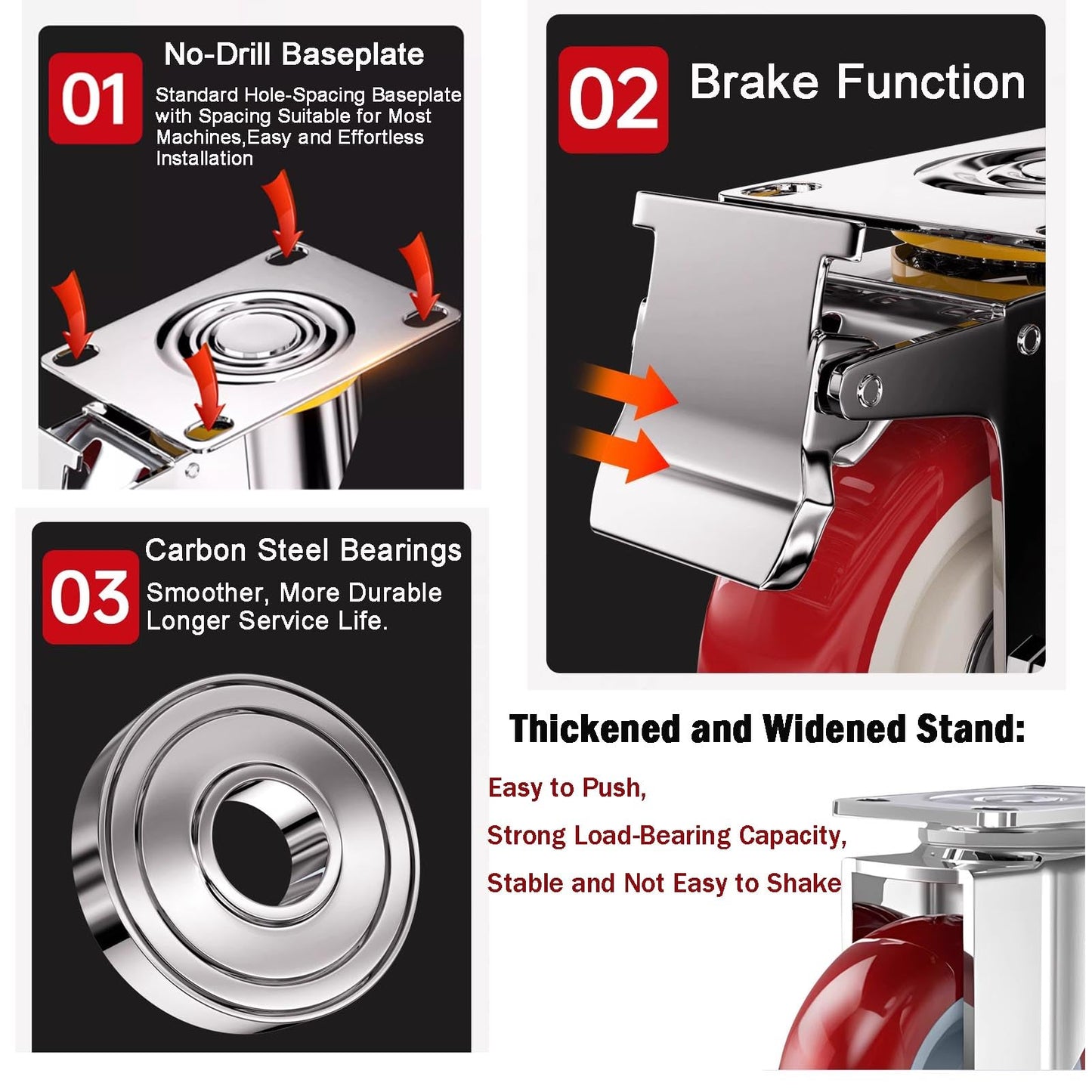 4 inch Heavy Duty Casters Load 2400lbs, Lockable Bearing Plate Caster with Brakes, 360-degree Swivel for Furniture and Workbench Cart, Set of 4 (Includes Complete Screw Set with Accessories)