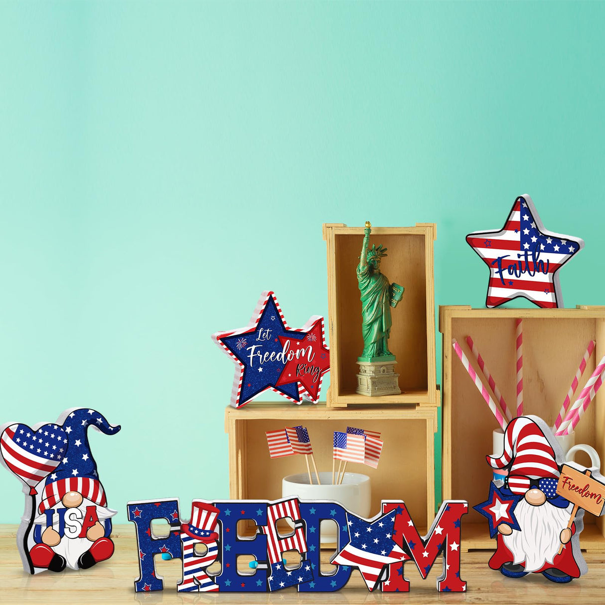 Qunclay 6 Pieces Patriotic Table Decor Memorial Day Table Decorations Wooden Gnome Freedom Truck Star 4th of July Table Signs for Veterans Day Independence Day Table Topper Decor Supplies (No Base) Qunclay