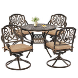 Grepatio 5 Piece Outdoor Dining Set Cast Aluminum Patio Dining Set Table and Chairs Outside Furniture 4 Swivel Chairs with Cushion and 1 Umbrella Hole Round Dining Table for Lawn Garden Patio (Khaki) Grepatio
