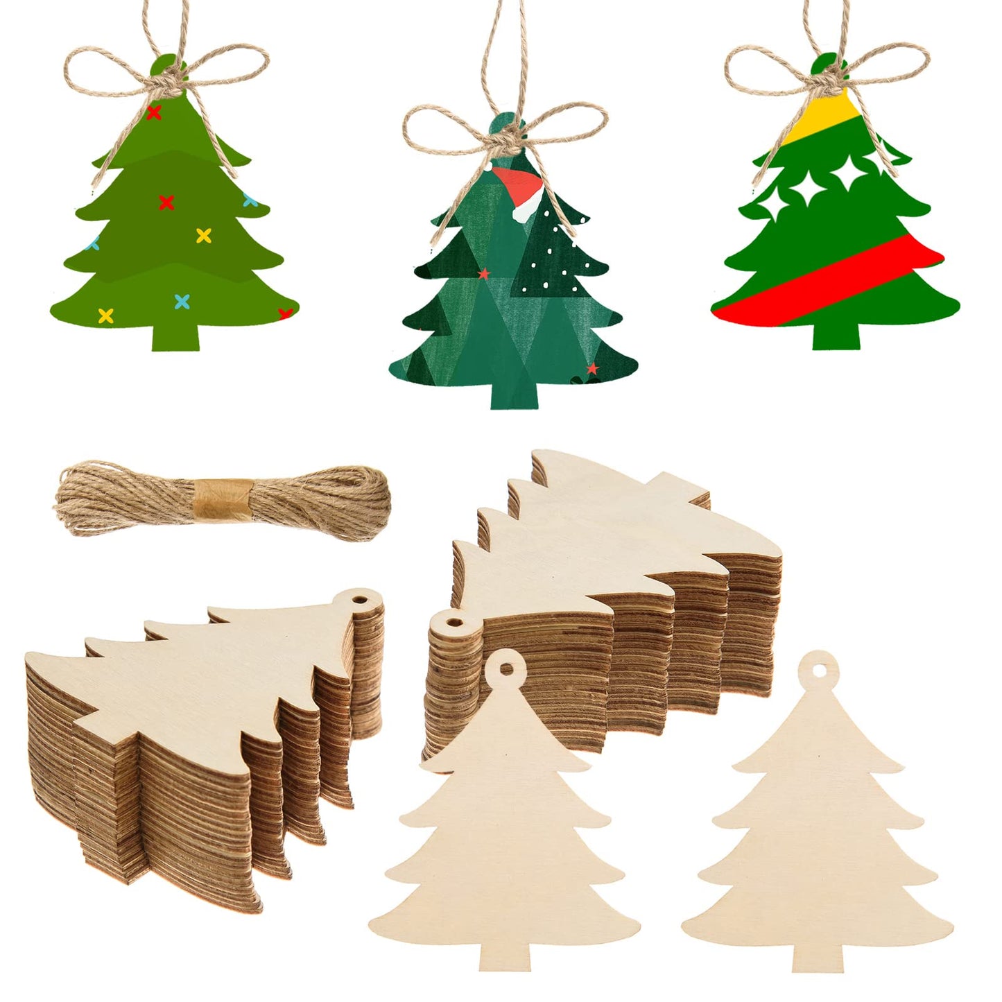 150 Pieces Wooden Christmas Tree Cutouts Crafts Embellishments Unfinished Christmas Tree Hanging Ornaments Blank Christmas Tree Wood Cutouts Slice with Ropes for DIY Crafts Christmas Xmas Decoration