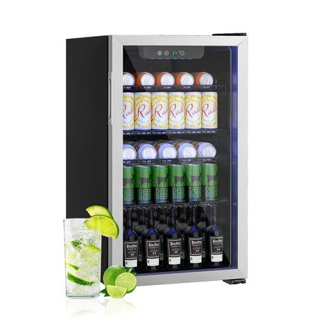 Erivess Compact Freestanding Beverage Refrigerator,126 Can/3.2 Cubic FeetMini Fridge with Reversible Glass Front Door for Soda, Beer, or Wine, Under Counter Drink Refrigerator with Adjustable Shelves Erivess