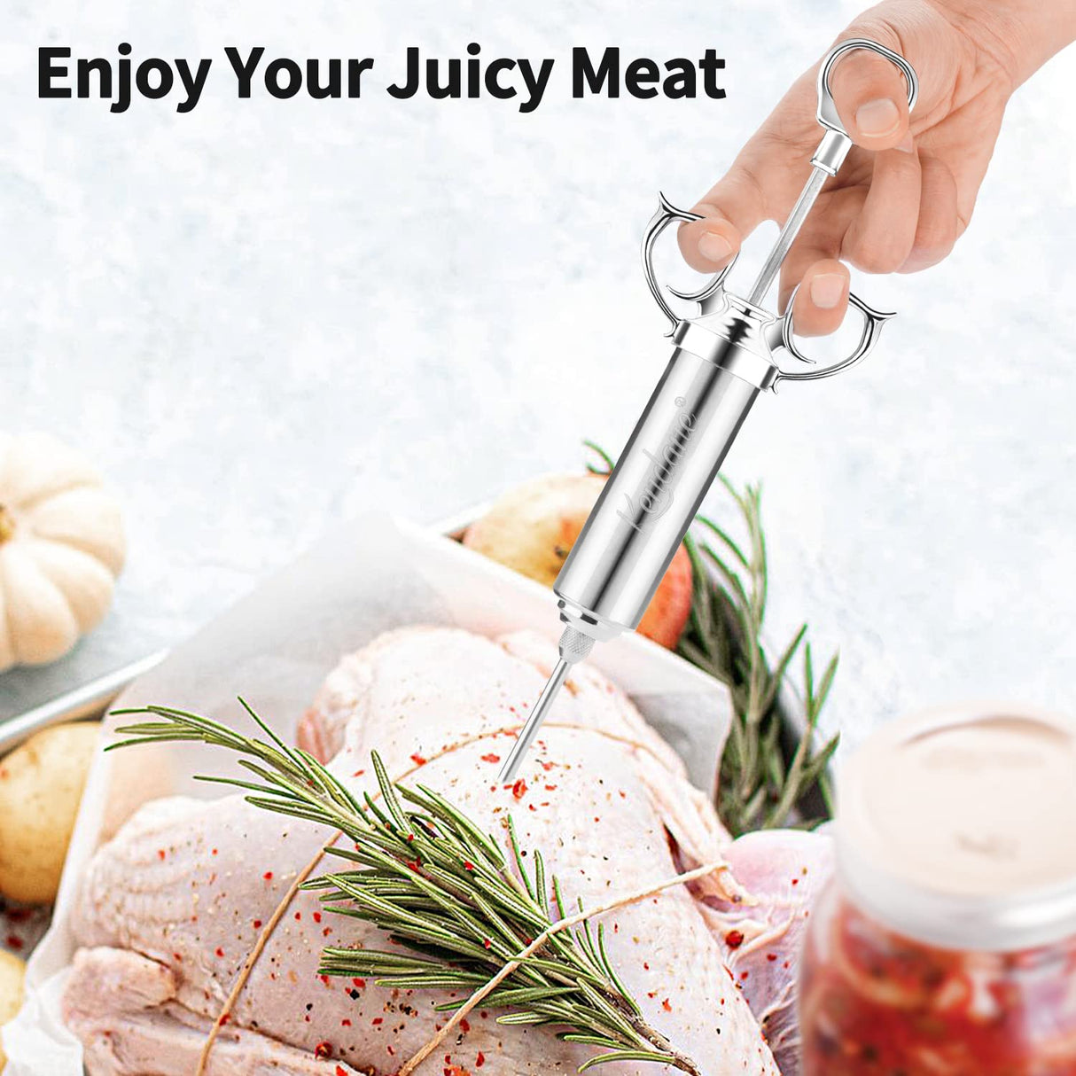 Meat Injector Syringe 2-oz Marinade Flavor Barrel 304 Stainless Steel with 3 Marinade Needles for BBQ Grill Smoker, Turkey, Fish, Brisket, Paper Silicone Brush and Instruction Included by Kendane Kendane