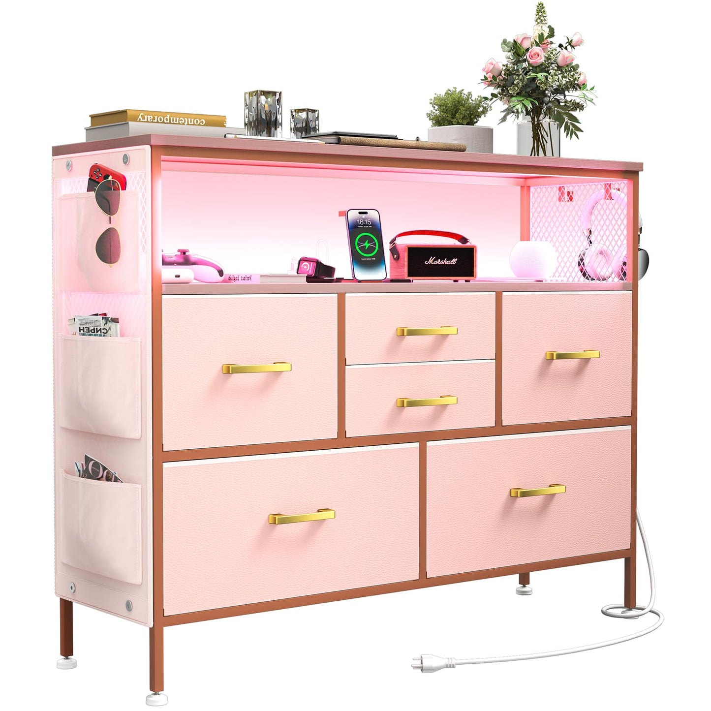 YILQQPER Dresser for Bedroom TV Stand with Power Outlets and LED Light, 6 Drawers Dresser with Side Pockets & Hooks, Wide Dresser with Shelves for 45" TV, Fabric Chest of Drawers with PU Finish, Pink