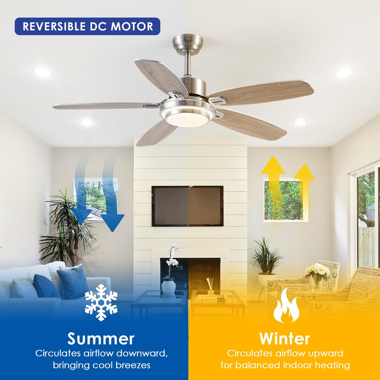 Ceiling Fans with Lights and Remote/APP Control,50“ Modern Ceiling Fan with Quiet Reversible DC Motor, 5 Dual Finish Blades,Dimmable 3-Color LED Fandelier for Indoor Bedroom,Livingroom Nickel Hounberi