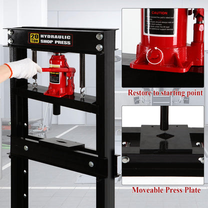 Hydraulic Press 20 Ton Hydraulic Shop Press H-Frame Garage Floor Adjustable Shop Press with Plates Adjustable Working Table Height (20-T) - WoodArtSupply