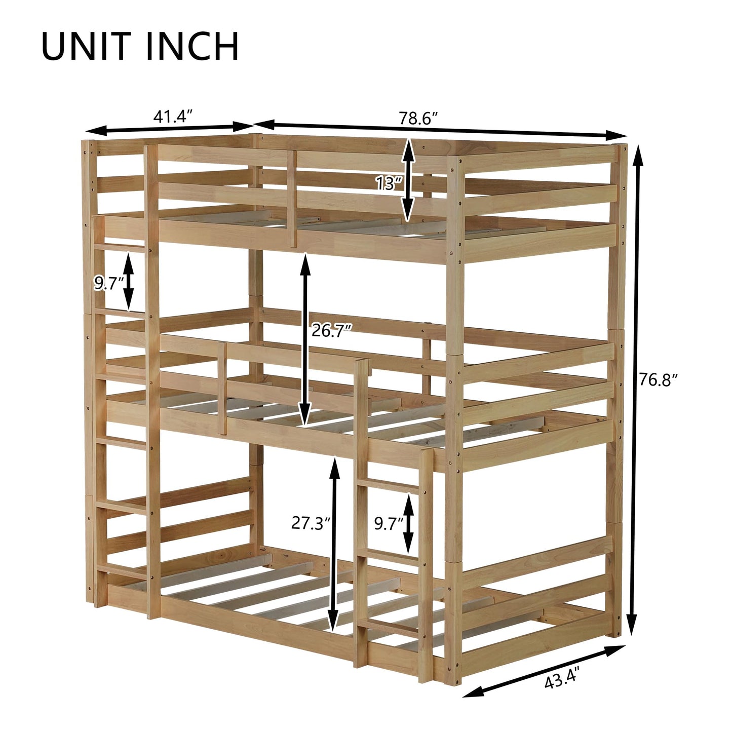 Twin Over Twin Over Twin Triple Bunk Bed for Kids,3 Bed Bunk Beds for 3,Solid Wood Twin Size Triple Bunk Bed with Two Built-in Ladders,Detachable Triple Bunk Beds,Natural