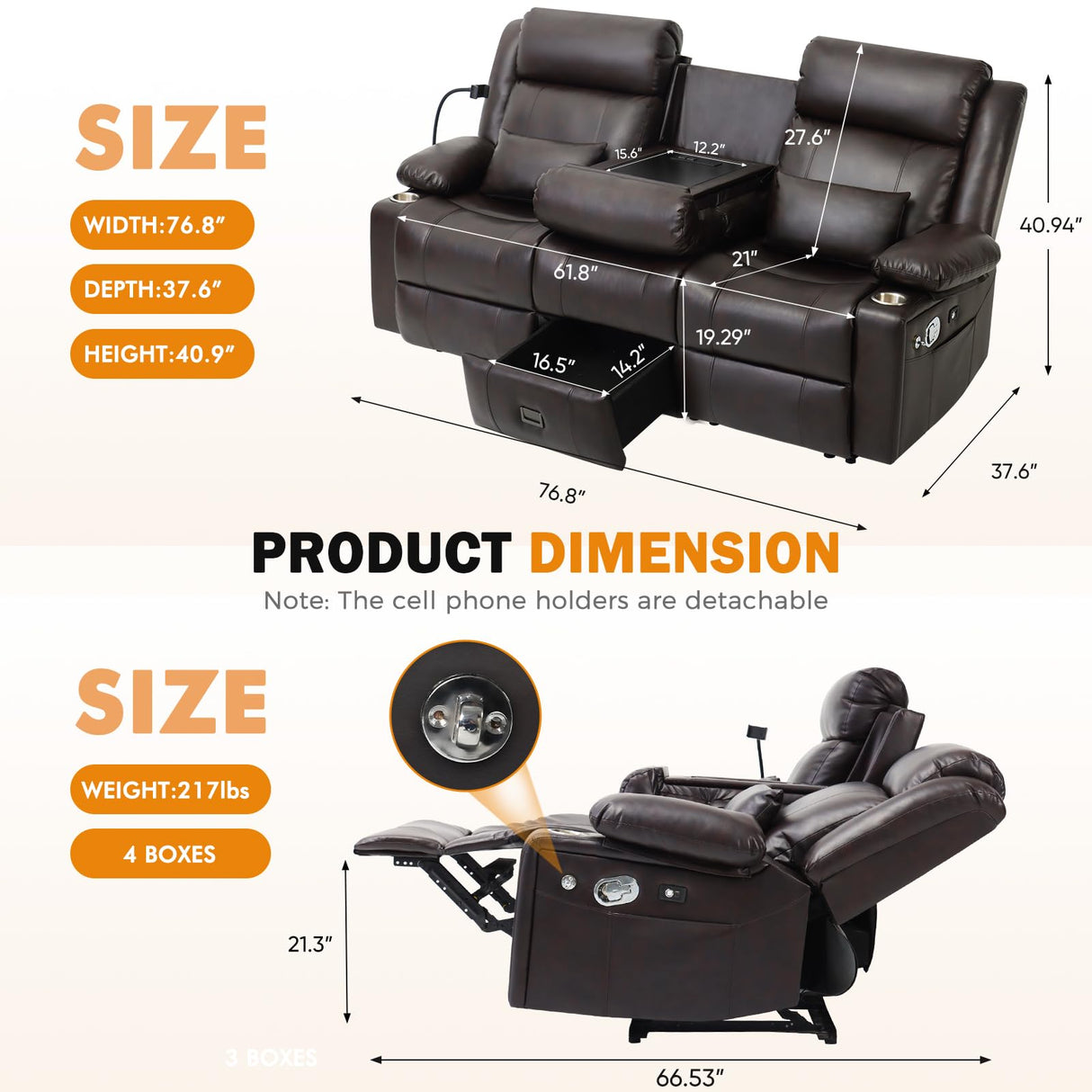 SENYUN 3-Seater Recliner Sofa, Flip Middle Backrest Manual Reclining Couch with Storage Drawer, Phone Holder and USB A&C Ports, Loveseat Recliner for Home Theater,Living Room,RV(Leather,Brown) SENYUN