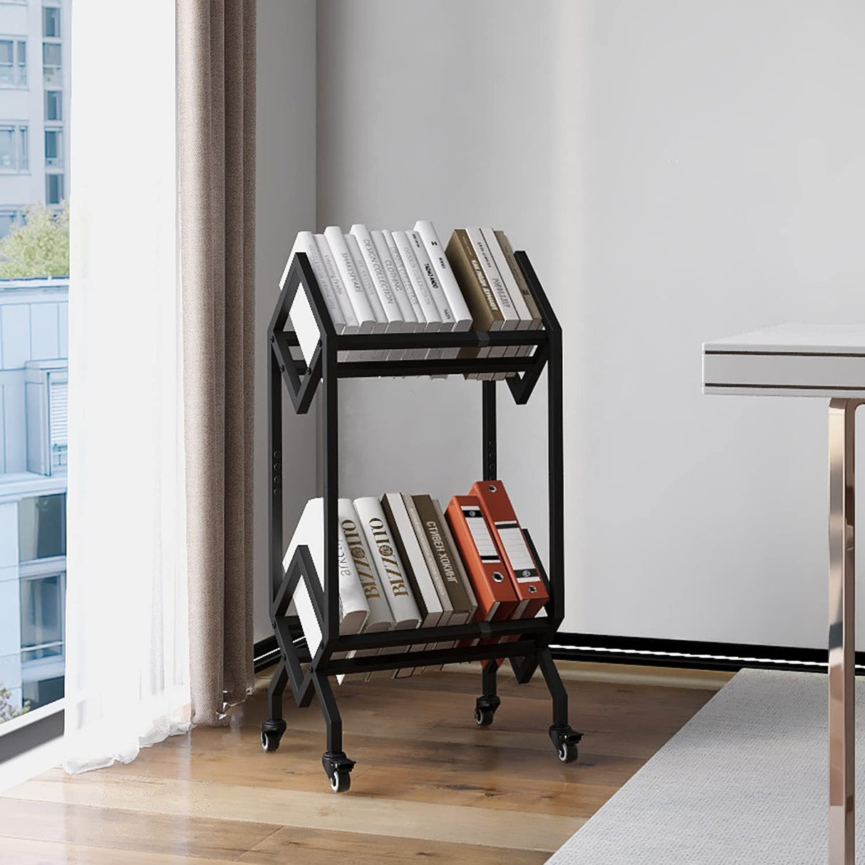 VEDECASA Bookshelf Book Rack Industrial Metal Bookcase 2 Tier Holder with Wheels Modern Stylish Design Magazines Files Album Recipe Book Storage Organizer for Sofa End Bed Beside VEDECASA