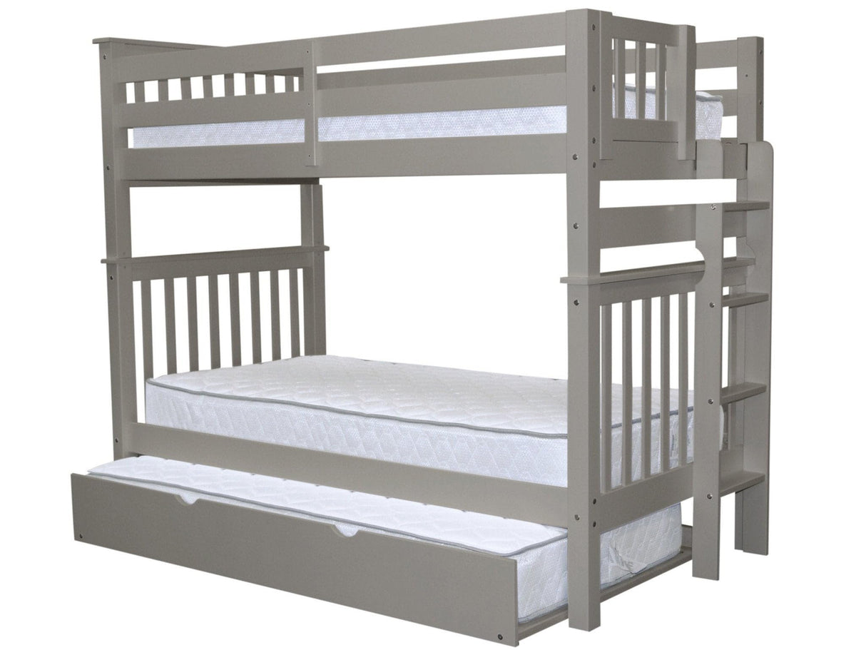 Bedz King Tall Bunk Beds Twin over Twin Mission Style with End Ladder and a Twin Trundle, Gray Bedz King