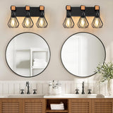 IZORRO Farmhouse Bathroom Vanity Light Fixtures, 3-Light Wood Bathroom Lighting Fixtures Over Mirror, Black Rustic Industrial Sconces Wall Lights with Metal Lampshade for Living Room, Bedroom IZORRO