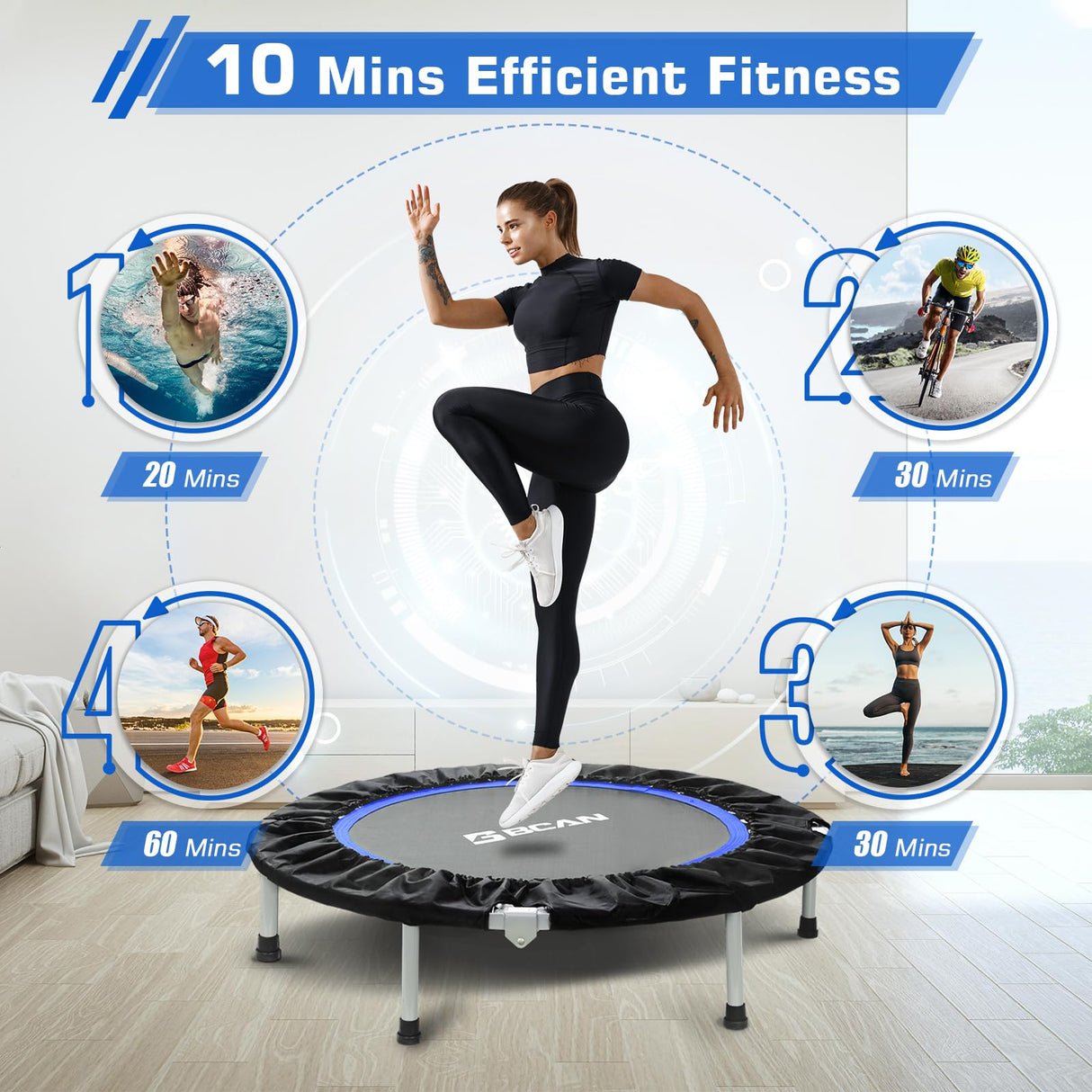BCAN 48" Foldable Mini Trampoline Fitness Trampoline with Safety Pad, Rebounder Exercise Trampoline for Adults Indoor/Garden Workout, Max Load 440lbs, Black BCAN