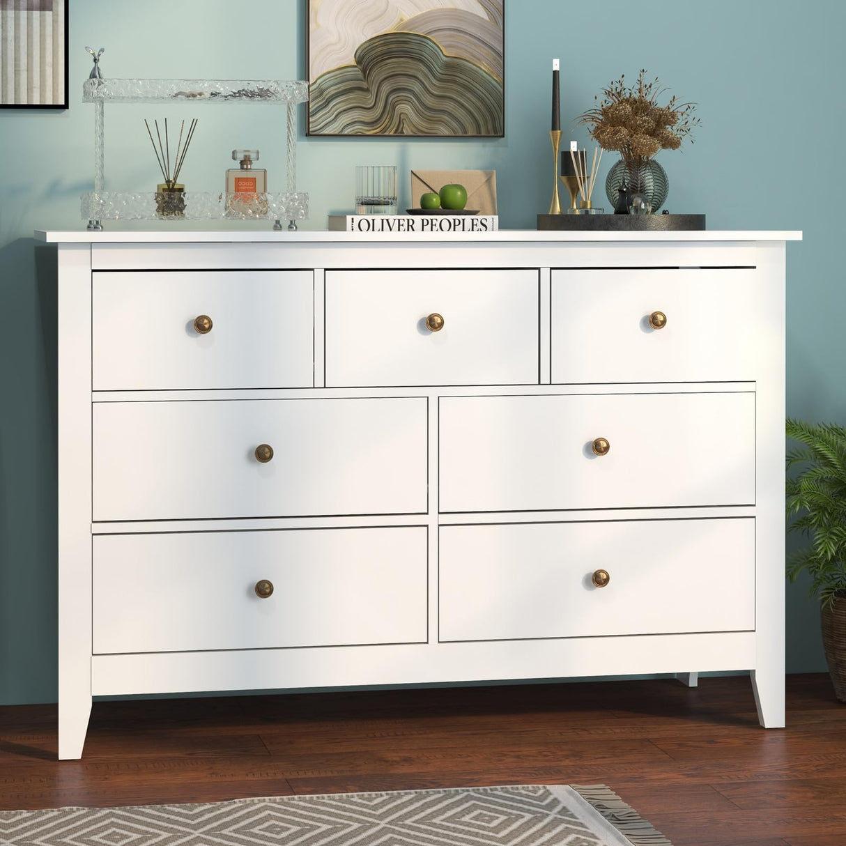 Vikiullf White Dresser - 47 in Modern Dresser for Bedroom, Wooden 7 Drawer Dresser, Storage Cabinet for Bedroom, Living Room, Hallway, Entryway Vikiullf